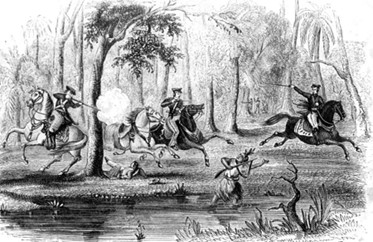 1840s print of the army shooting down Waxe-Hadjo in the Seminole War