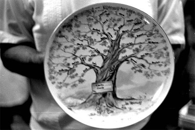 1985 photo of plate hand-painted with a family tree